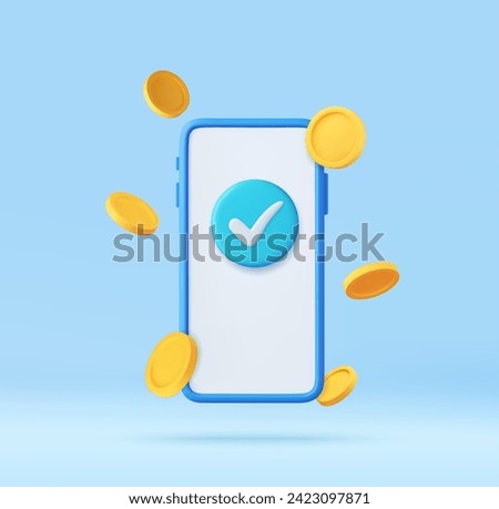 3d mobile phone, check mark and golden coins. online banking money payments and transfers. Mobile Online Payment and Transfer. Finance, Investment, Money Saving. 3d rendering. Vector illustration