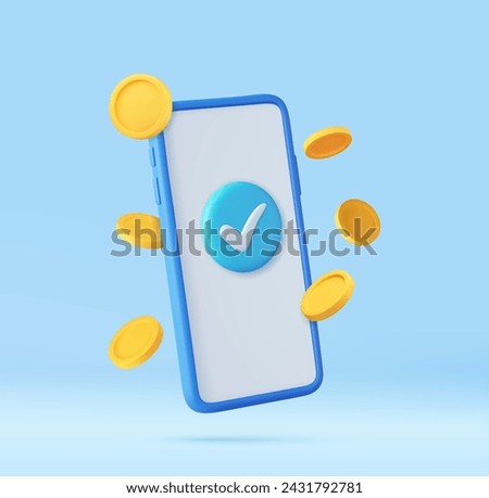 3d mobile phone, check mark and golden coins. online banking money payments and transfers. Mobile Online Payment and Transfer. Finance, Investment, Money Saving. 3d rendering. Vector illustration