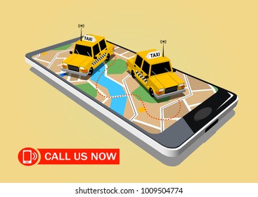 3d mobile phone city map taxi car cartoon style low poly road icons symbol design idea transport enterprises