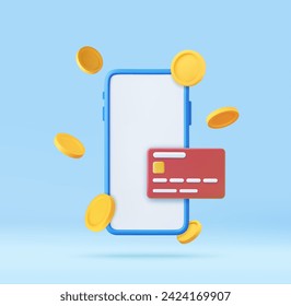 3D mobile phone with credit card and money financial security for online shopping. online payment secure with credit card, money coin payment icon concept. 3D rendering. Vector illustration