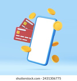 3D mobile phone with credit card and money financial security for online shopping. online payment secure with credit card, money coin payment icon concept. 3D rendering. Vector illustration