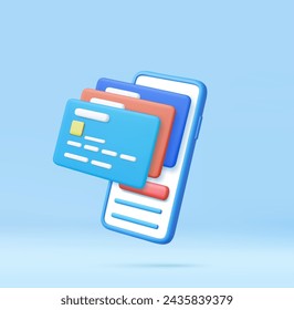 3D mobile phone with credit card and money financial security for online shopping. online payment secure with credit card. 3D rendering. Vector illustration