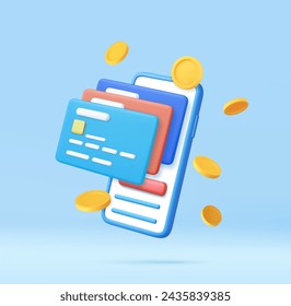 3D mobile phone with credit card and money financial security for online shopping with coin. online payment secure with credit card. 3D rendering. Vector illustration