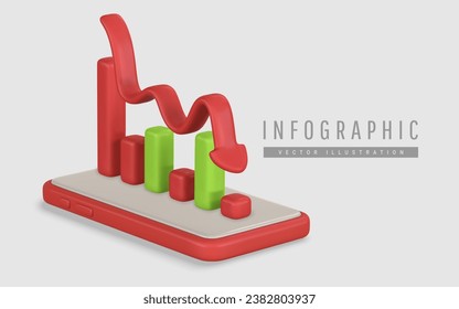 3d mobile phone with down graph in cartoon style. Success of business strategy. Manage money use phone. Success of business strategy. Vector illustration.