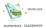 3D Mobile phone with falling green dollar stack and gold coins. Mobile app banner for online banking or loan service. Vector illustration