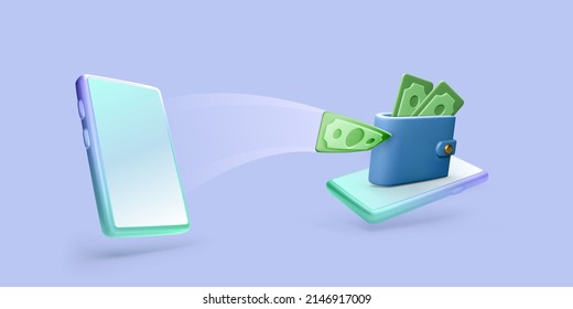 3d mobile phone with flying paper currency and digital wallet. Online payment or transaction concept. Wireless financial management app. Vector illustration