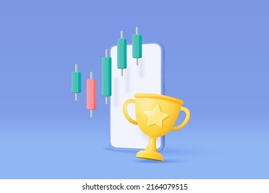 3D mobile phone funding business graph with prize, gold trophy stars for trading smartphone. 3d graph growing business concept for finance, business investment. 3d trading vector icon illustration