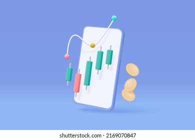 Gráfico de negocios de financiación de telefonía móvil 3D sobre solución creativa. Concepto de negocio de la producción de moneda para finanzas, inversión, notificación de pago en línea. Ilustración de icono de vectores de comercio de 3.ª