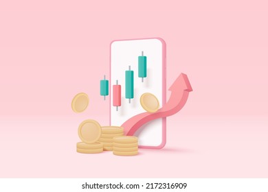 3D mobile phone funding business graph with arrow and coins. Money coin growing business 3d concept, investment saving, arrow with trade online payment. 3d money trading vector icon illustration