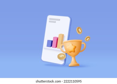 3D mobile phone funding business graph with victory, gold winners stars for trading investment. Graph grow rank 3d concept for finance, business investment. 3d money coin vector icon illustration