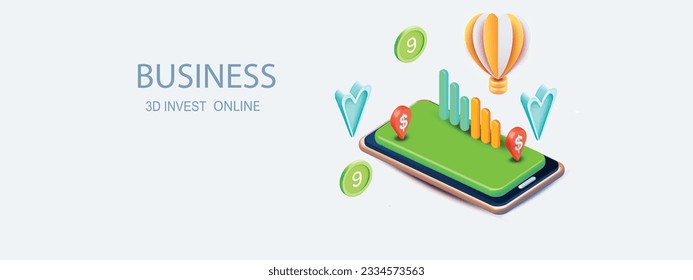 3D mobile phone funding business graph on creative solution money coin growing business concept for finance, investment, notification online payment. trading online vector icon illustration