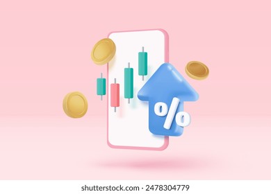 3D-Handy-Finanzierung Business Graph auf kreative Lösung. Geldmünzen-Wachstumskonzept für Finanzen, Investitionen, Benachrichtigung Online-Zahlung. 3D-Trading-Vektorgrafik-Symbol-Illustration