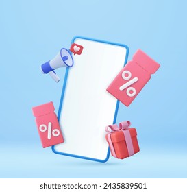 3d Mobile phone with gift promo code gift and loudspeaker.. Get a coupon for a bargain purchase online. 3d rendering. Vector illustration