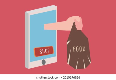 3d bolso de entrega de mano de teléfono móvil, concepto de tecnología de pedidos de alimentos en línea, compras móviles, ilustración de vectores de dibujos animados