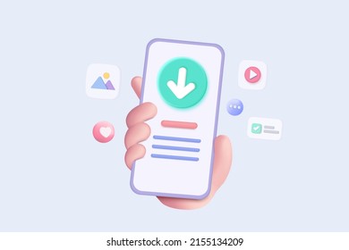 3d mobile phone in hand with download data to cloud computing concept for file sharing and data transfer system. 3d download file to app mobile phone. 3D mobile app icon vector render illustration - Shutterstock ID 2155134209