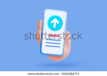 3d mobile phone in hand with upload data to cloud computing concept for file sharing and data transfer system. Upload to server with mobile app, website. 3D icon vector with shadow render illustration