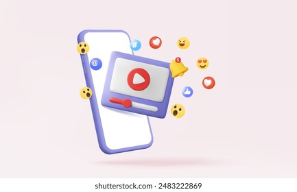 3D Mobile phone icon modern playing video and bell notification floating on pink background. live streaming emotion communication entertainment social media connection, 3d vector illustration