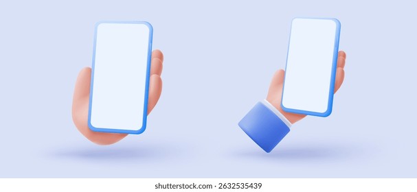 3d mobile phone icon sign on hand holding. Hand using smartphone with empty screen for mockup concepts. 3d display minimal scene device buttons icon vector render illustration