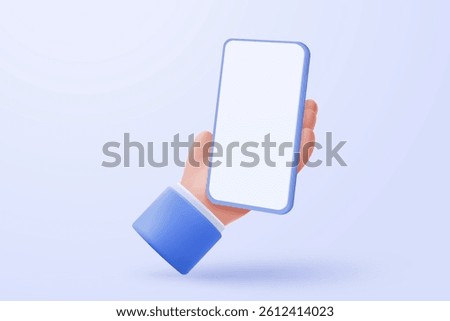 3d mobile phone icon sign on hand holding. Hand using smartphone with empty screen for mockup concepts. 3d display minimal scene device buttons icon vector render illustration