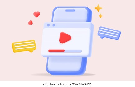 3D mobile phone illustration with a video player interface, chat bubbles, hearts, and stars. digital media, streaming, and social engagement. vector