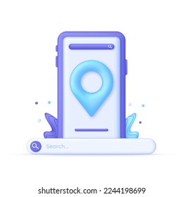 3D Mobile phone with location pin. Travel navigation concept and internet search bar technology. GPS navigator pointer. Find location. Trendy and modern vector in 3d style.