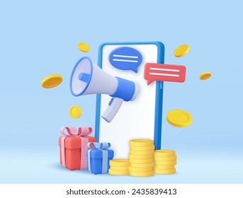 3d mobile phone, megaphone, gift box and coin. Refer A Friend Concept, People share info about referral and earn money. 3d rendering. Vector illustration