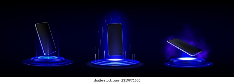 3d paro de teléfono móvil en el podio. Fondo futurista con soporte técnico con luz de neón y holograma de smartphone. Plataformas con rayos y dispositivos azules, conjunto de vector realista