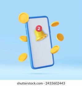 3d mobile phone with Notification bell. app bill online payments credit card concept. money transfer. financial transactions. coin floating. 3d rendering. Vector illustration