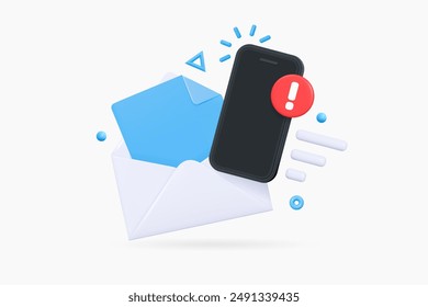 3D Mobile phone with open envelope and exclamation mark. New message by email. Scam mailing. Important notification. Letter with document.  Cartoon creative design icon. 3D Vector illustration