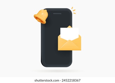 3D Mobile Phone with Open Letter in Envelope and Bell notification. Message sent by email. Online news and newsletter. Social media communication. Mail app service. Cartoon design icon. 3D Vector