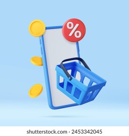 3d mobile phone with price tags, shopping cart and coin. Basket with tag discount coupon of money, special offer promotion. 3D Rendering. Vector illustration