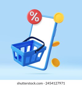 3d mobile phone with price tags, shopping cart and coin. Basket with tag discount coupon of money, special offer promotion. 3D Rendering. Vector illustration