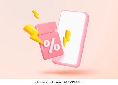 3d mobile phone with price tags for online shopping concept. Basket with promotion tag discount coupon of cash for future, special offer promotion. 3d price tags icon vector render illustration