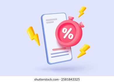 3d mobile phone with price tags for online shopping concept. Basket with promotion tag discount coupon of cash for future, special offer promotion. 3d price tags icon vector render illustration