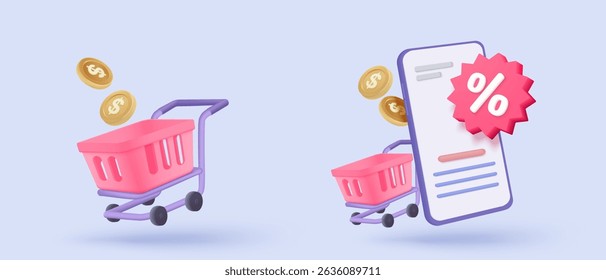 3d mobile phone with price tags for online shopping concept. Basket with promotion tag discount coupon of cash for future, special offer promotion. 3d price tags icon vector render illustration