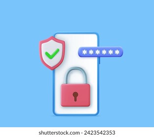 3d Sistema de protección de teléfonos móviles. Concepto de seguridad de smartphone. Cartel con teléfono, candado, código de acceso y escudo. Concepto de seguridad de las cuentas. 3 quinquies de representación. Ilustración del vector