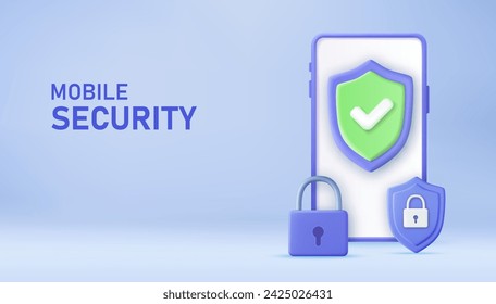 3d Sistema de protección del teléfono móvil. Concepto de seguridad de smartphone. concepto de sistema de seguridad en smartphone. No. Seguridad, ciberseguridad, protección de datos y privacidad. representación 3D. Ilustración de vector