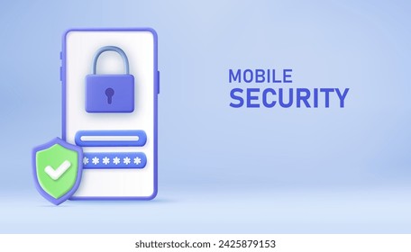 3d Sistema de protección del teléfono móvil. Concepto de seguridad de smartphone. Banner con teléfono, candado, contraseña y escudo. Concepto de seguridad de la cuenta. renderizado 3d. Ilustración de vector