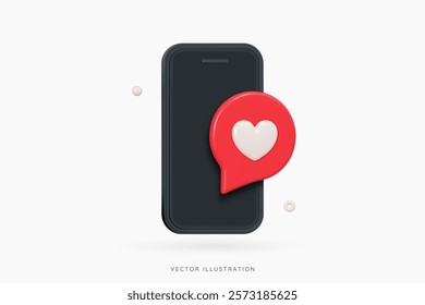 3D Mobile phone with red speech bubble message and heart. Social media like and emoji notification. Favorite post in network. Cartoon design icon isolated on white. 3D Vector illustration