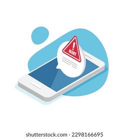 Alerta de estafa de teléfono móvil 3d. Señal de atención o advertencia. Advertencia de precaución en una pantalla. Ilustración vectorial aislada en estilo isométrico.