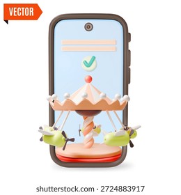 Tela de telefone celular 3d e carrossel com aviões conceito de parque de diversões Design de desenhos animados estilo. Ilustração vetorial de Bilhete de Reserva