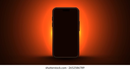 Pantalla del teléfono móvil 3D en el fondo del resplandor ligero. Maqueta de App futurista de teléfono inteligente con destellos de rayos abstractos. Glossy presentación del juego ganador en el dispositivo. Ilustración vectorial
