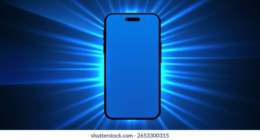 Tela de telefone celular 3d no fundo do brilho de luz. Smartphone maquete aplicativo futurista com vigas abstratas flare. Apresentação brilhante do jogo vencedor no dispositivo. Ilustração vetorial