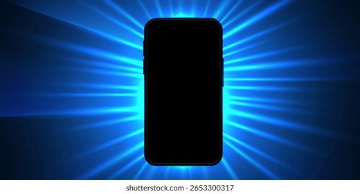 3d mobile phone screen on light glow background. Smartphone futuristic app mockup with abstract beams flare. Glossy winner game presentation on device. Vector illustration