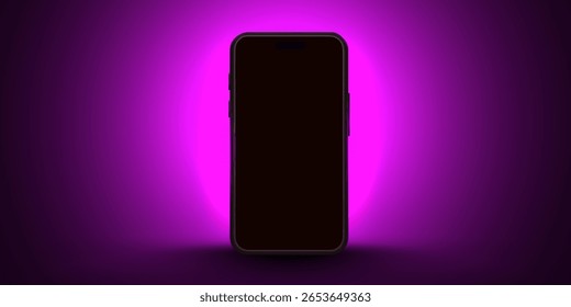 Pantalla del teléfono móvil 3D en el fondo del resplandor ligero. Maqueta de App futurista de teléfono inteligente con destellos de rayos abstractos. Glossy presentación del juego ganador en el dispositivo. Ilustración vectorial