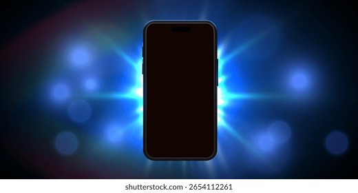 3d mobile phone screen on light glow background. Smartphone futuristic app mockup with abstract beams flare. Glossy winner game presentation on device. Vector illustration
