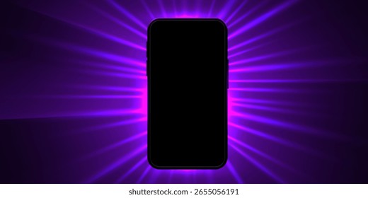 3D-Handy-Bildschirm auf hellglänzendem Hintergrund. Smartphone futuristische App-Mockup mit abstrakten Balken Fackel. Glänzende Sieger-Spiel-Präsentation auf Gerät. Vektorgrafik