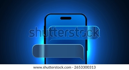 3d mobile phone screen on light glow background with chat bubbles glass notifications. Vector illustration