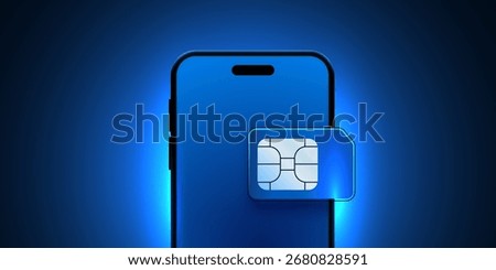 3d mobile phone screen on light glow background with glass sim card chip. Futuristic sim card or eSim symbol. Vector illustration