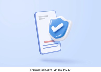 3D mobile phone with shield security icon for online shopping, online payment with protection. Application safety using a smartphone concept. 3d mobile phone safety vector icon render illustration